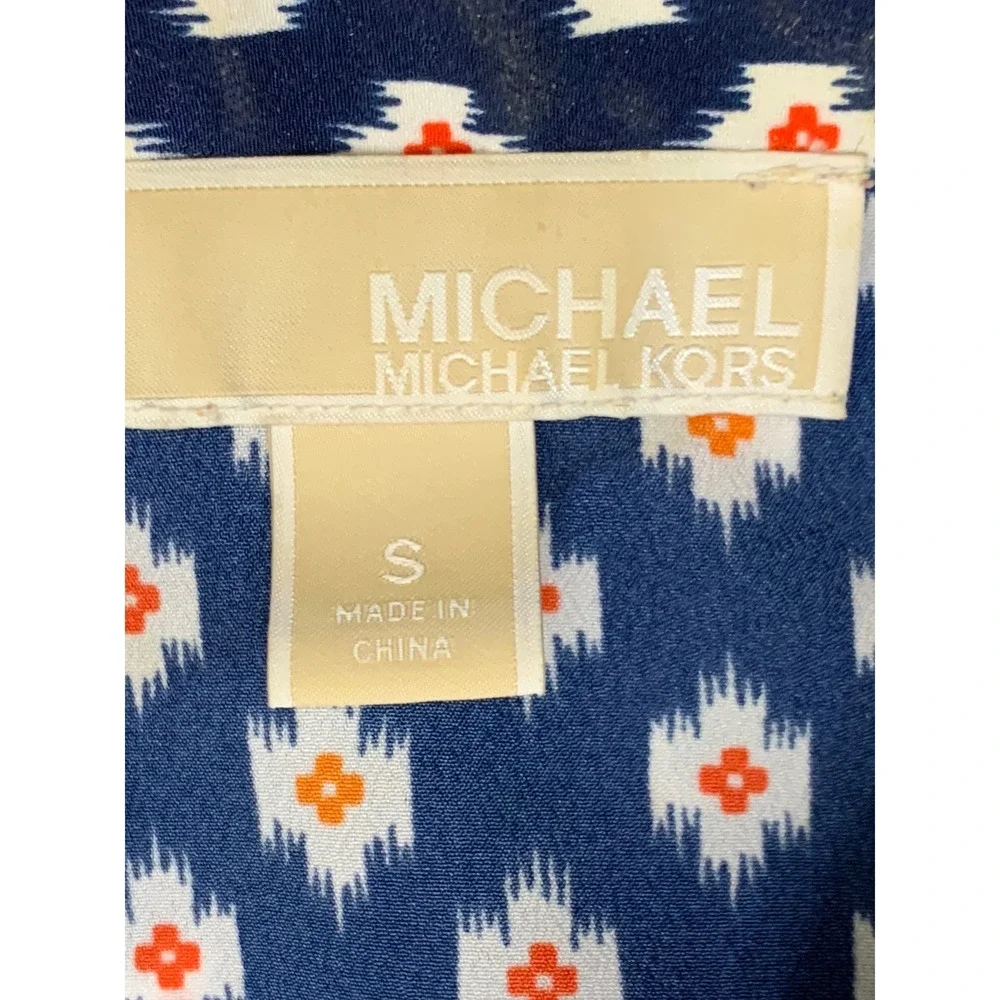 Michael Kors Navy Blue Geometric Ikat Full Zip Blouse Top Long Sleeve Small